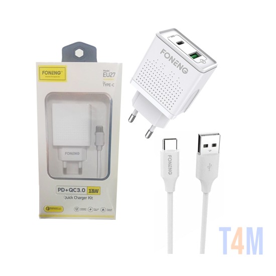 Foneng Fast Charger EU27 with Type C Cable Dual USB 18W White